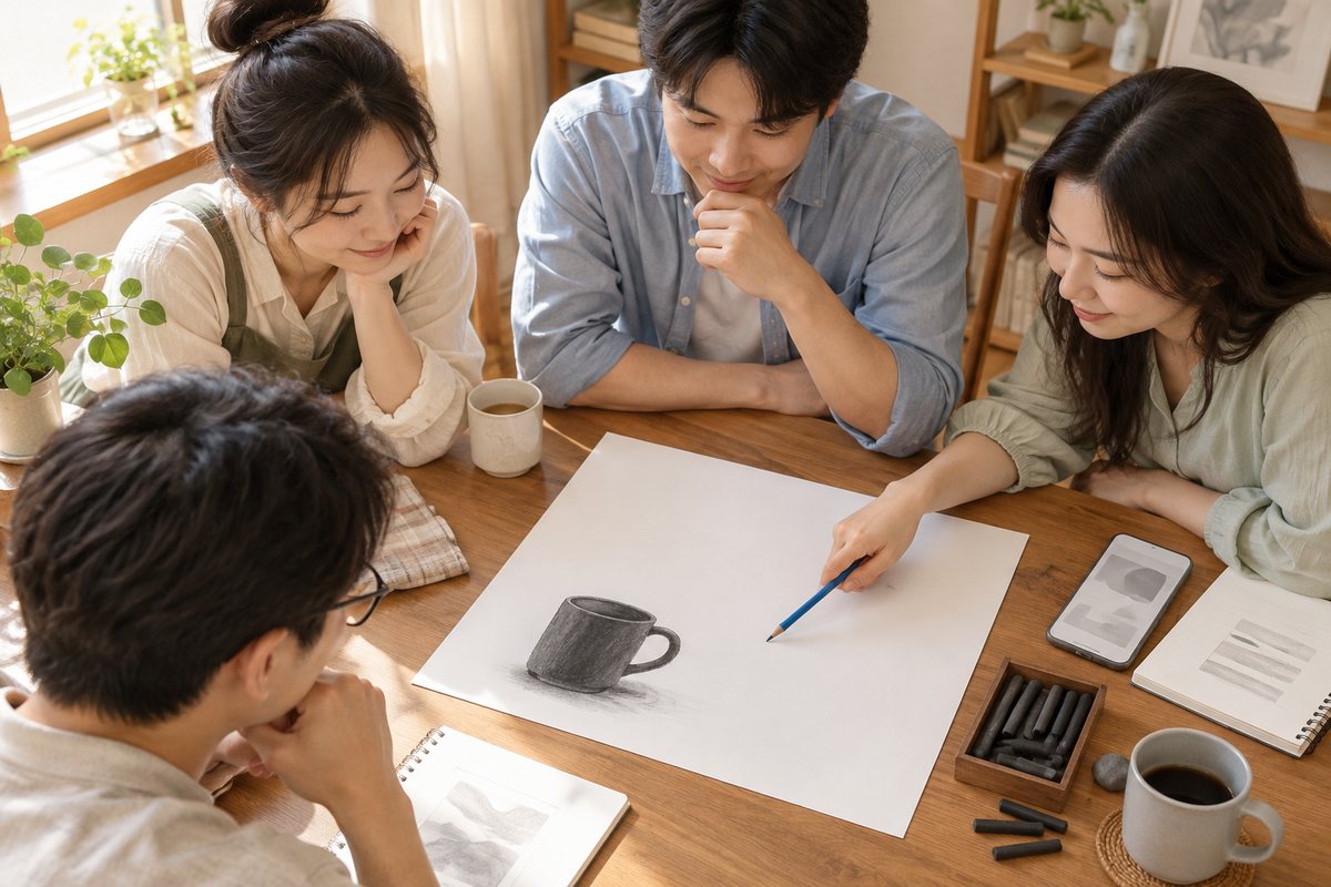 在简单杯子画旁指认主体周围区域的示意场景