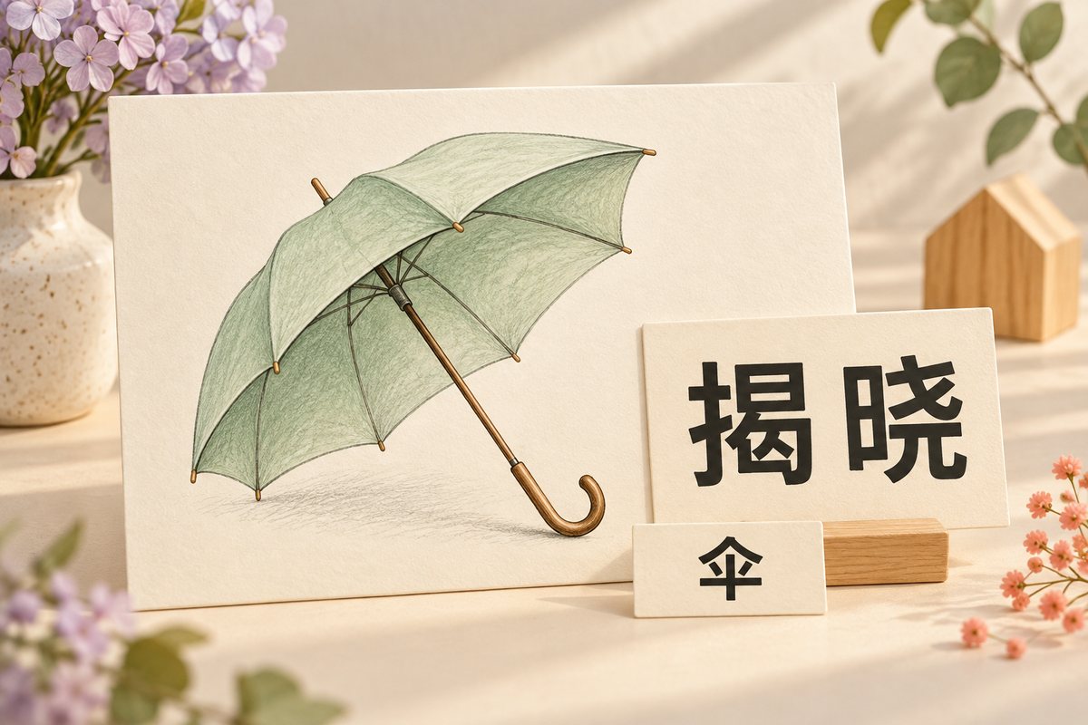 伞形图旁放着揭晓卡片和写有伞的答案标签