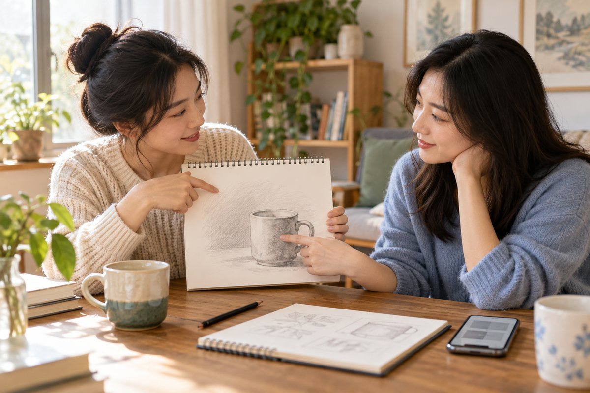 两位同好分别指向杯子及周围区域以核对理解