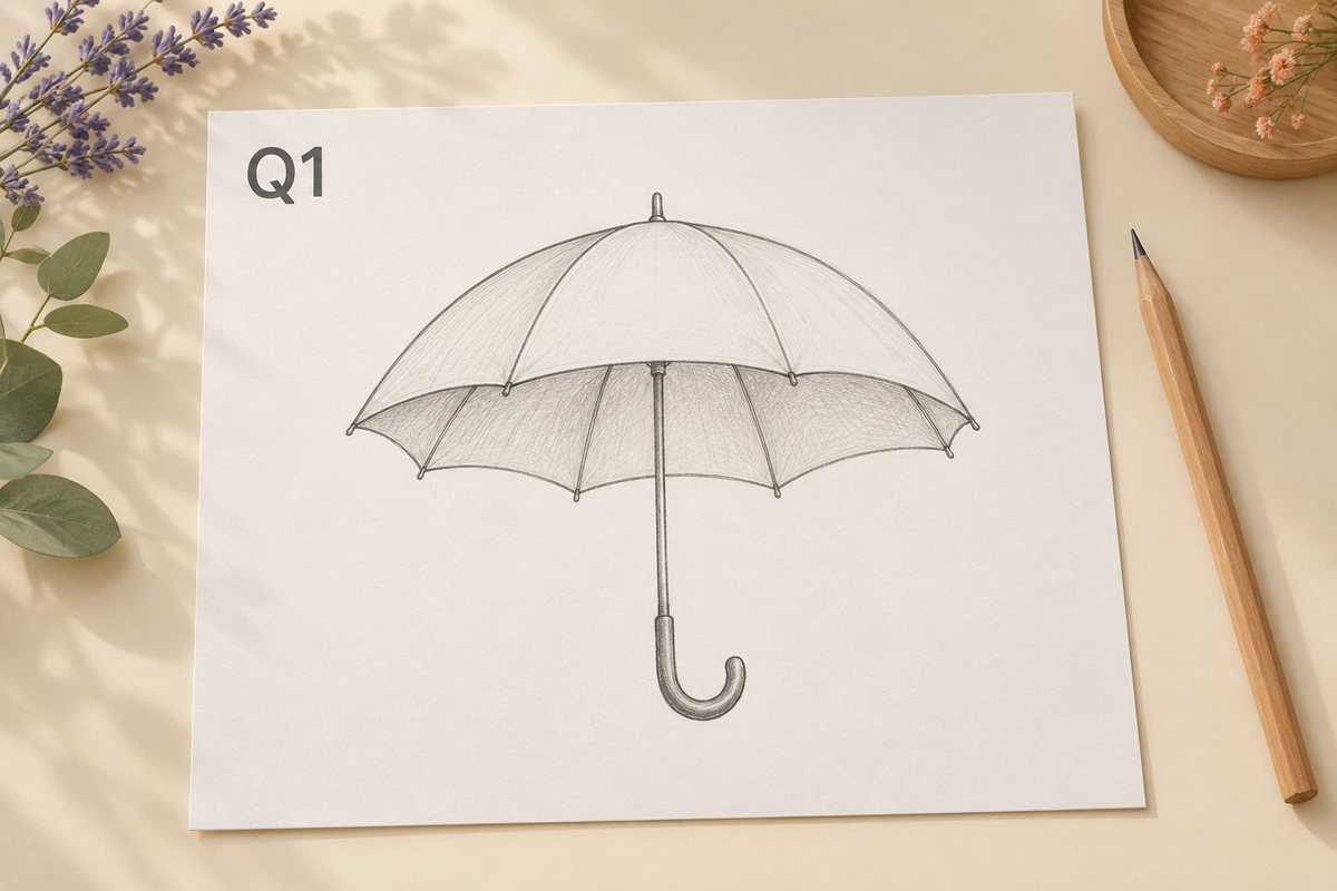 编号Q1的纸上画着一把带弯钩柄的撑开伞轮廓