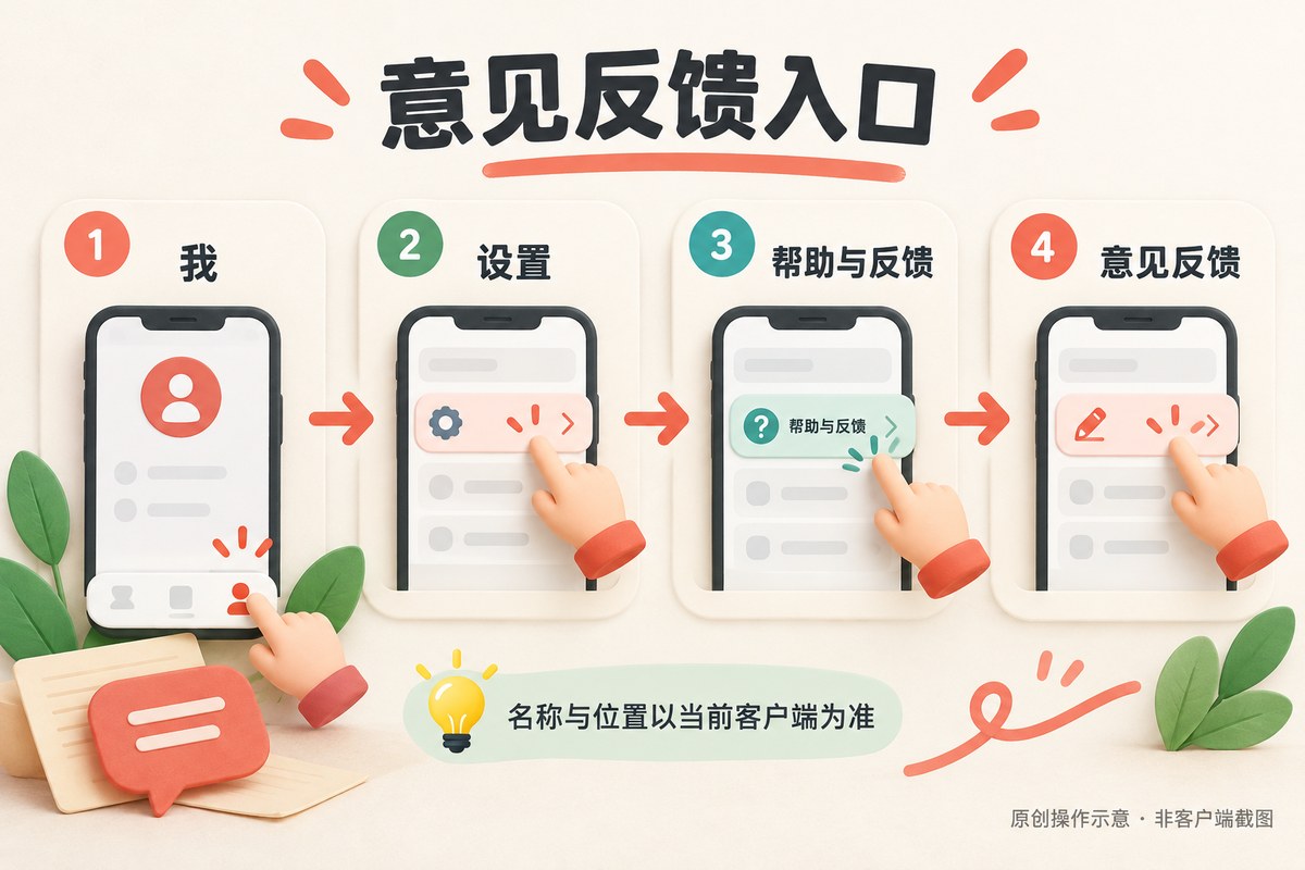 呗呗优选从我进入设置帮助与反馈意见反馈的原创路径示意