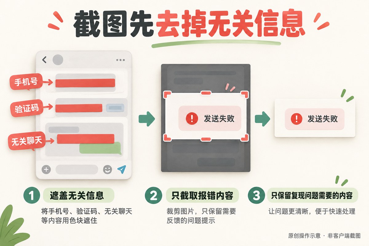 提交呗呗优选问题截图前裁剪无关内容并遮挡敏感字段的原创示意