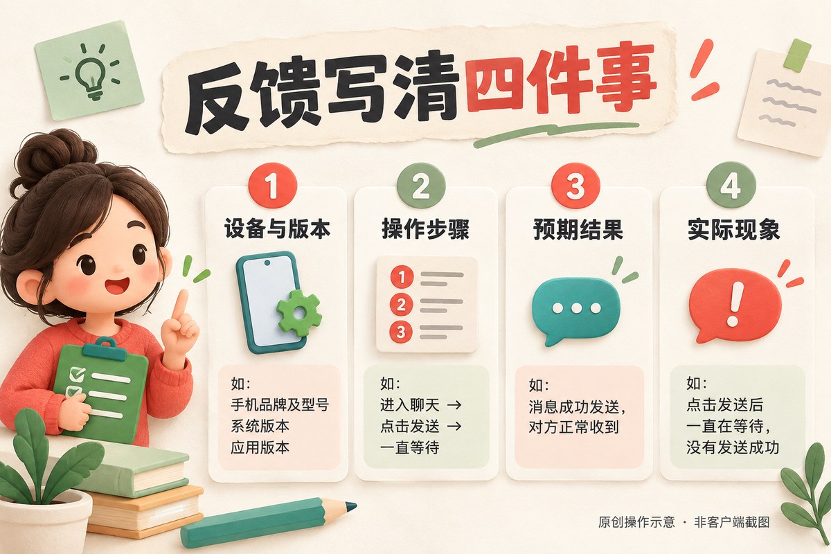 呗呗优选问题反馈包含设备版本操作步骤预期结果与实际现象的原创示意