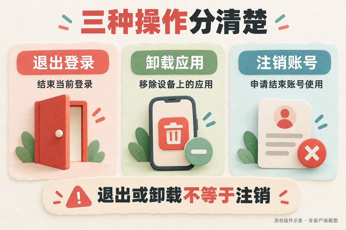 退出登录卸载应用与注销账号三种操作区别的原创对照图
